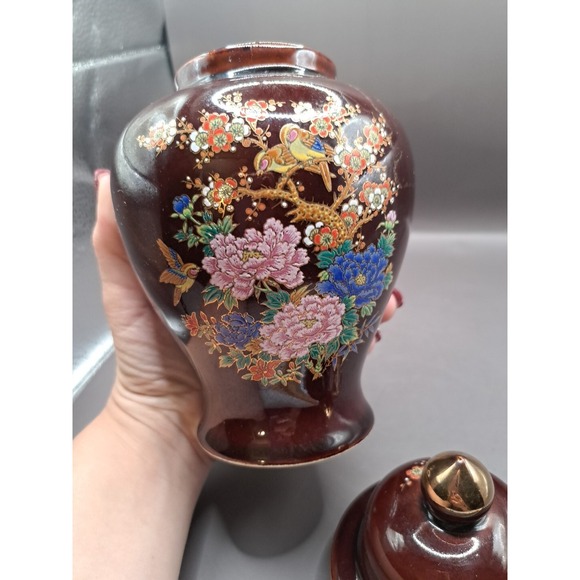 8.5" Jar Birds Floral Porcelain Ginger Jar lid Ceramic Shiny Glaze Gold Trim - Picture 14 of 14